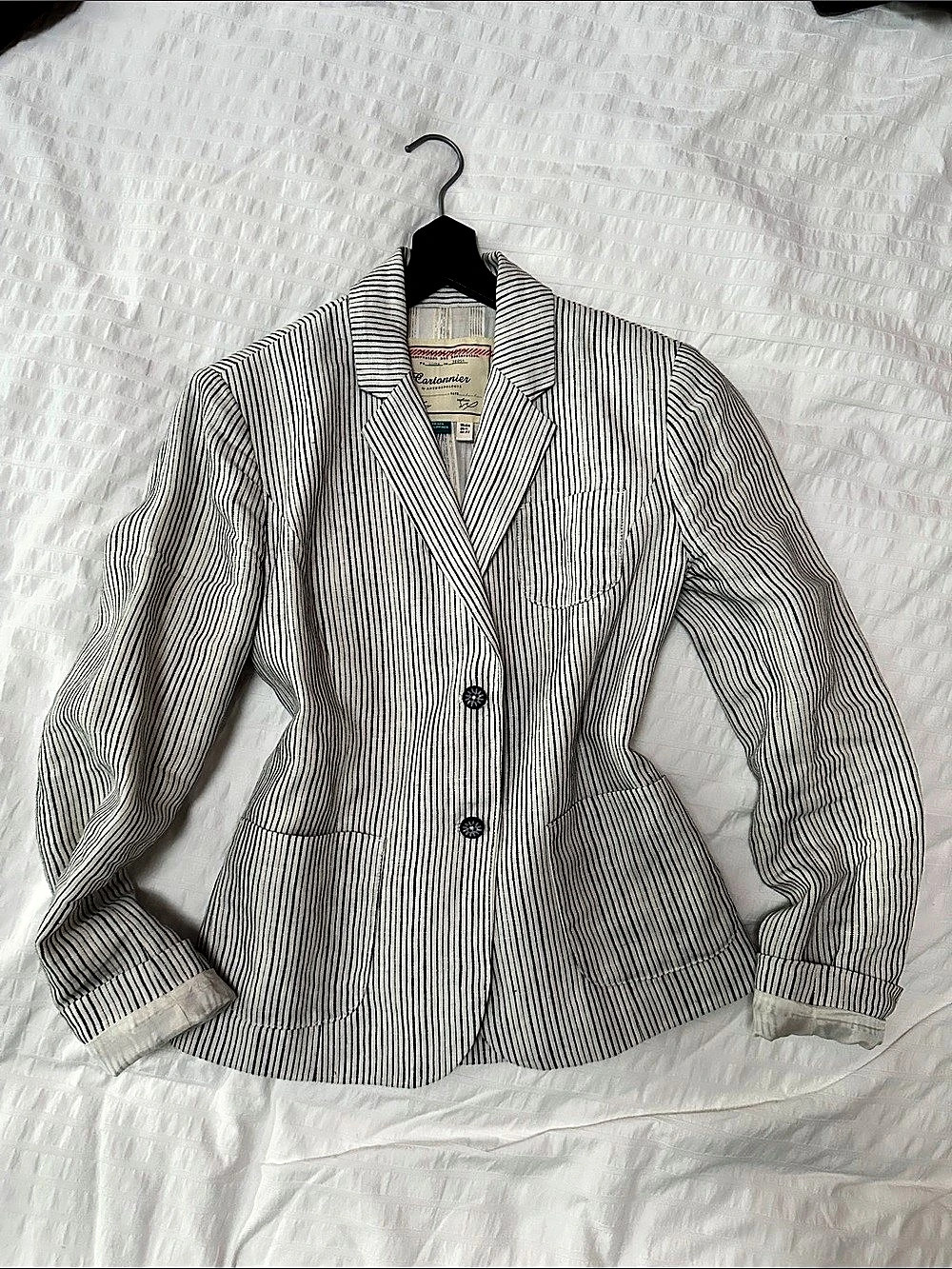 Cartonnier by Anthropologie Linen Striped Blazer in White & Blue Size 0